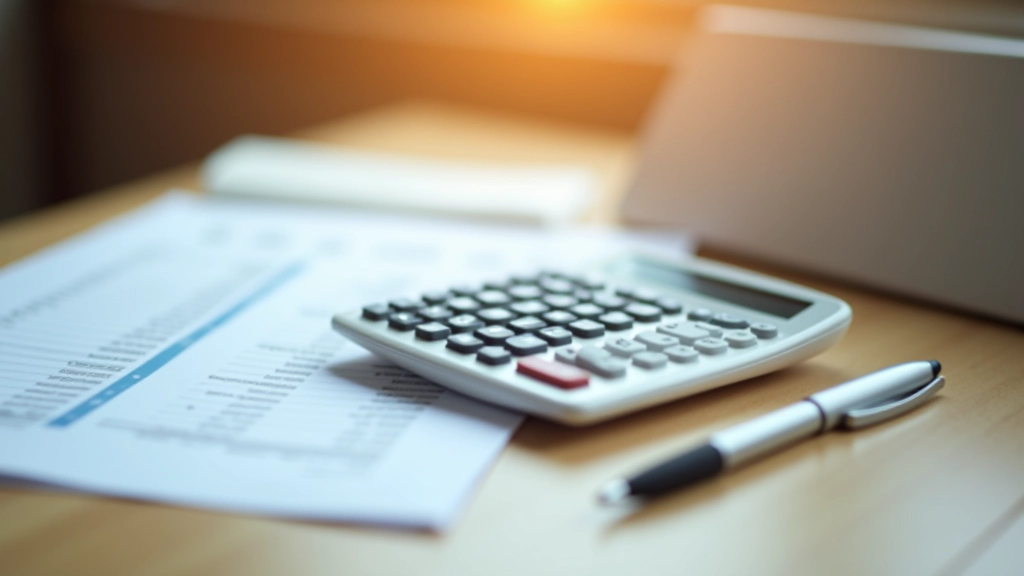 Financial calculator and printed expense reports on wooden desk surface