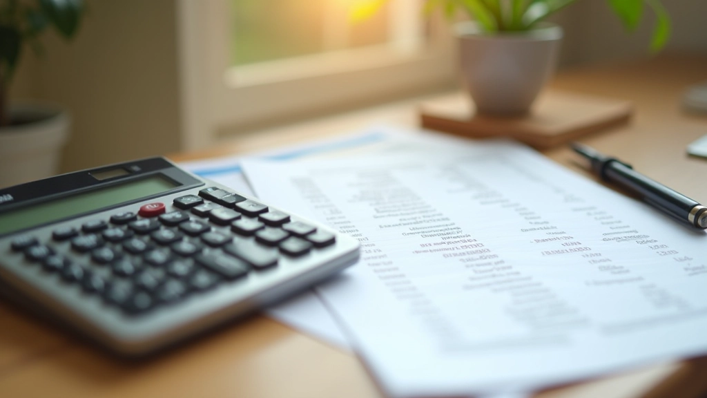 Close-up of financial calculator with printed expense report on desk