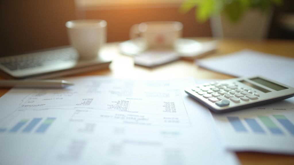 Close-up of financial planning worksheet with handwritten notes, calculator, and coffee cup on wooden desk, morning light