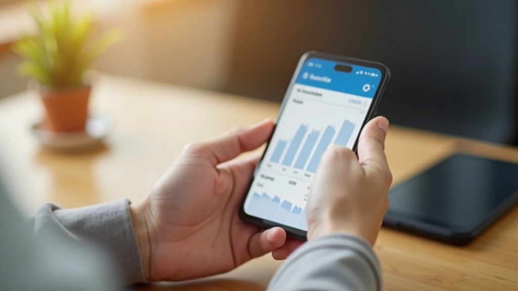 Hands holding smartphone showing investment portfolio growth chart with upward trending graph