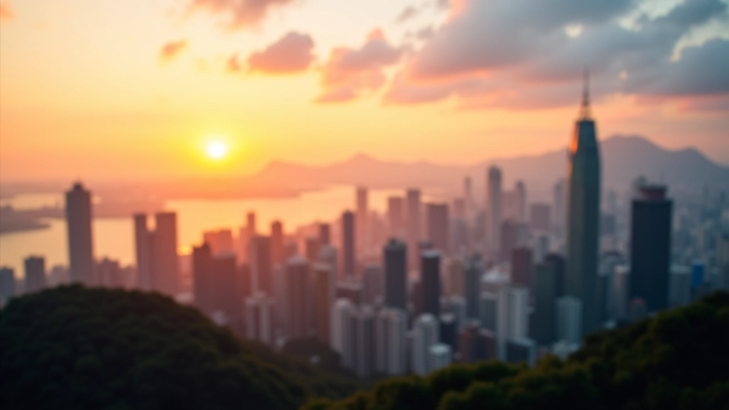 Kowloon skyline at sunset reflecting Hong Kong's financial district and urban landscape