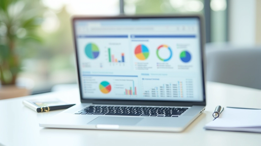 Laptop showing expense tracking spreadsheet with colorful charts and categories