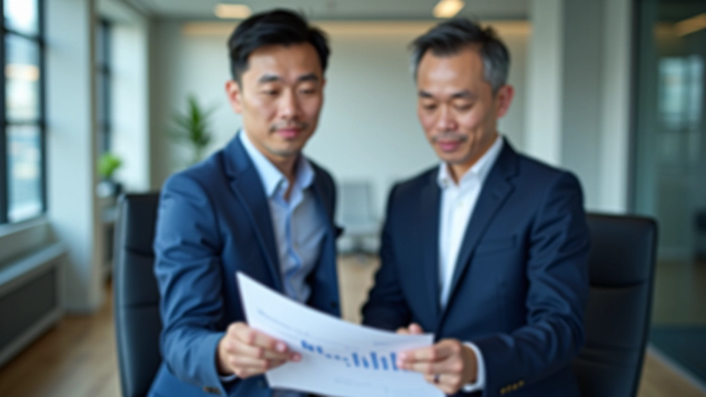 Financial advisor reviewing investment portfolio chart with client at modern office desk