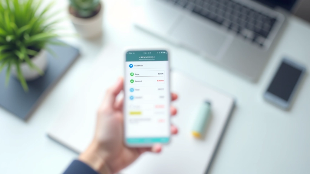 Mobile phone and laptop on desk showing banking and savings app interface with account balances