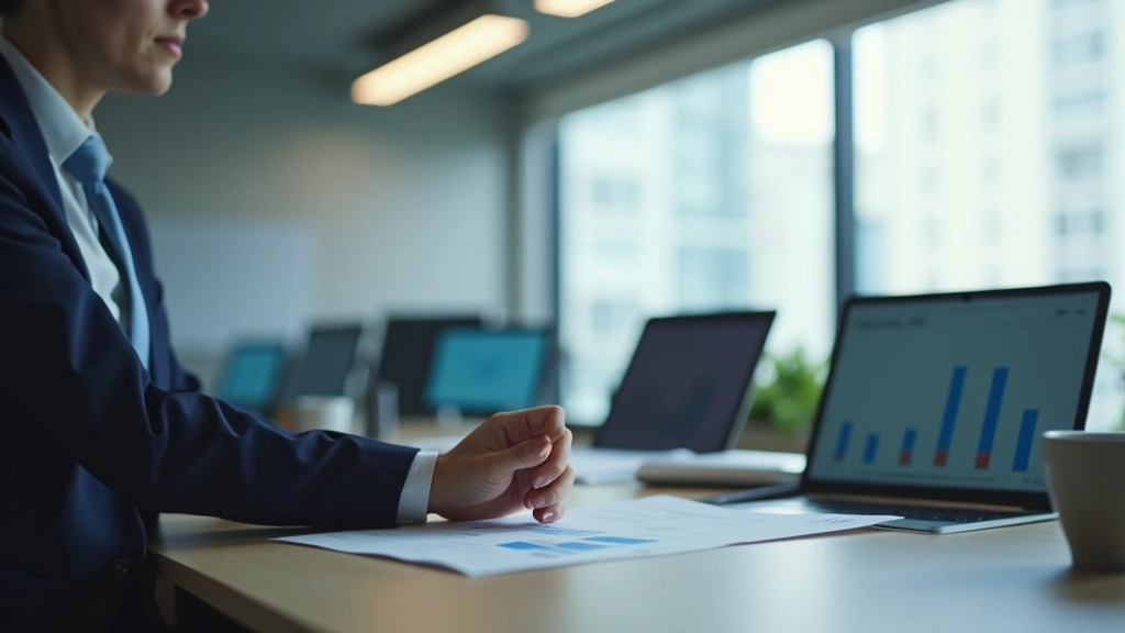 Modern financial advisory office with professional workspace and financial displays