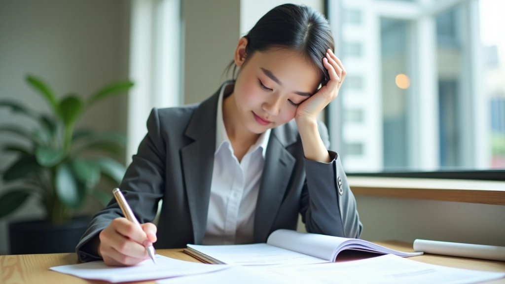 Professional woman at desk reviewing financial documents and planning budget with notebook