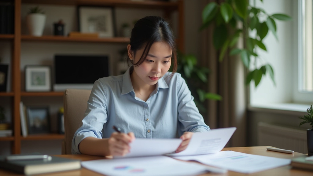 Person reviewing receipts and expense records at home office desk with organized filing system