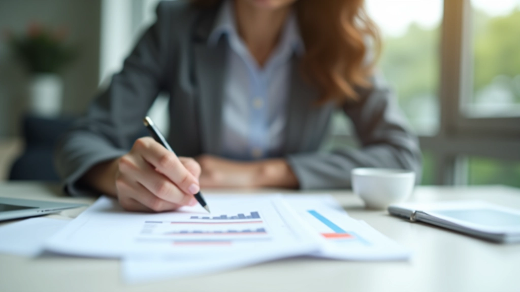 Person writing in budget notebook with financial documents and pen on desk, planning and tracking finances