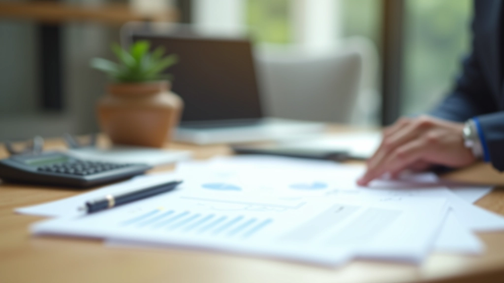 Professional workspace with financial planning documents, calculator, and laptop on wooden desk